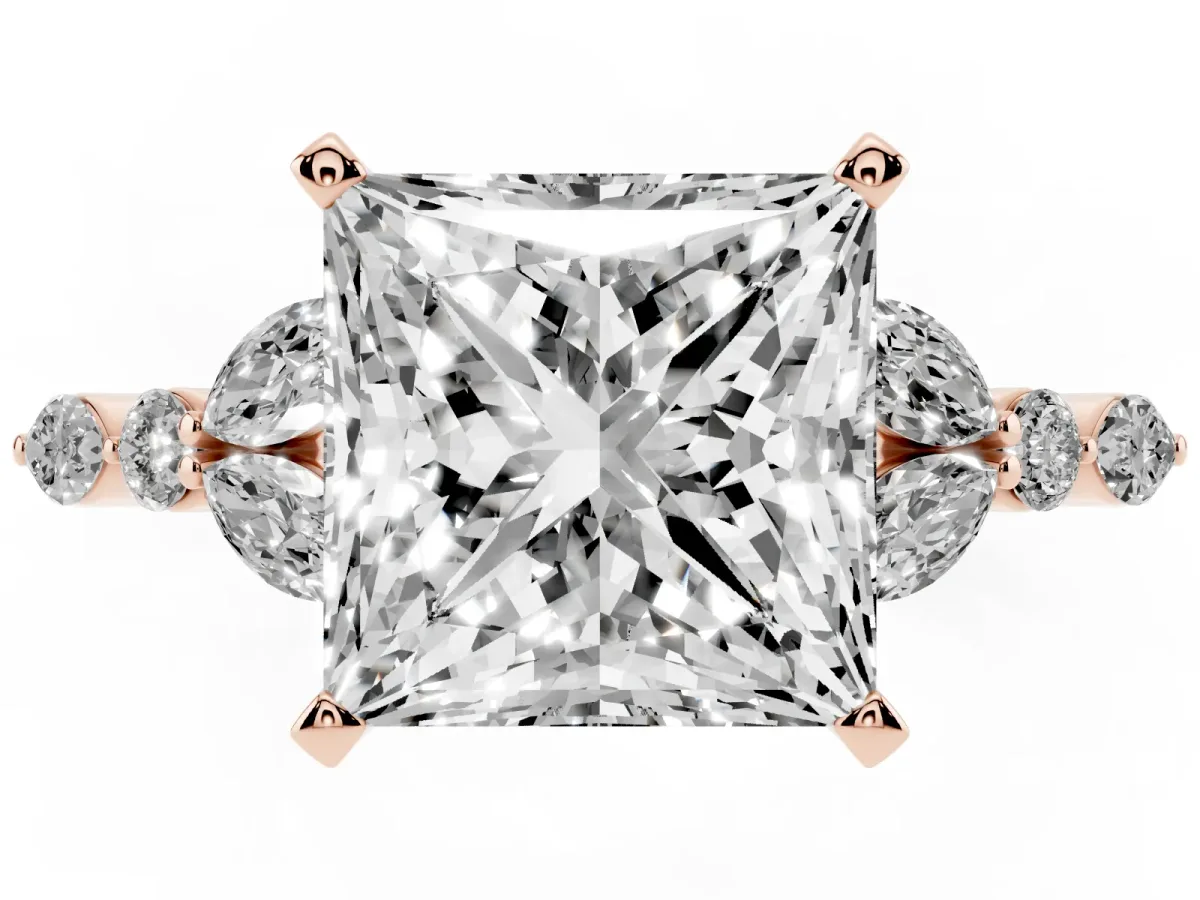 Princess Cut Diamond Solitaire Ring with Side Stones and Four-Prong Setting Rose gold
