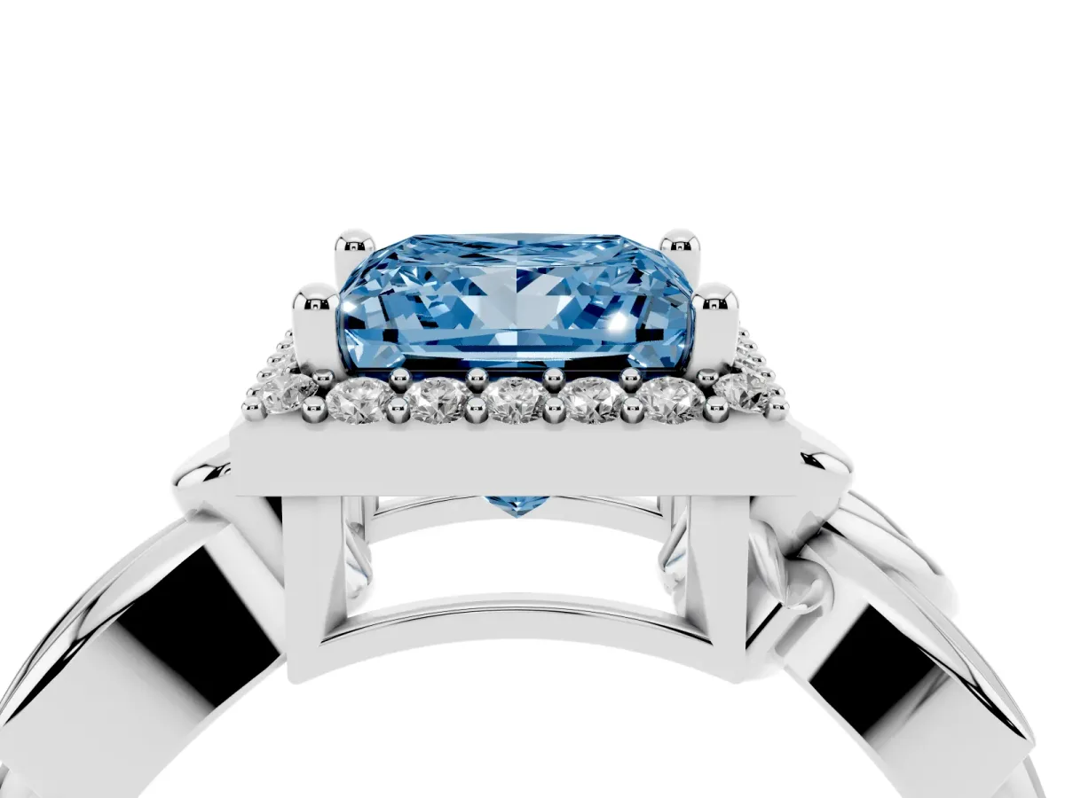 Fancy Blue Princess Cut Halo Diamond Floral Band with Four-Prong Setting Platinum