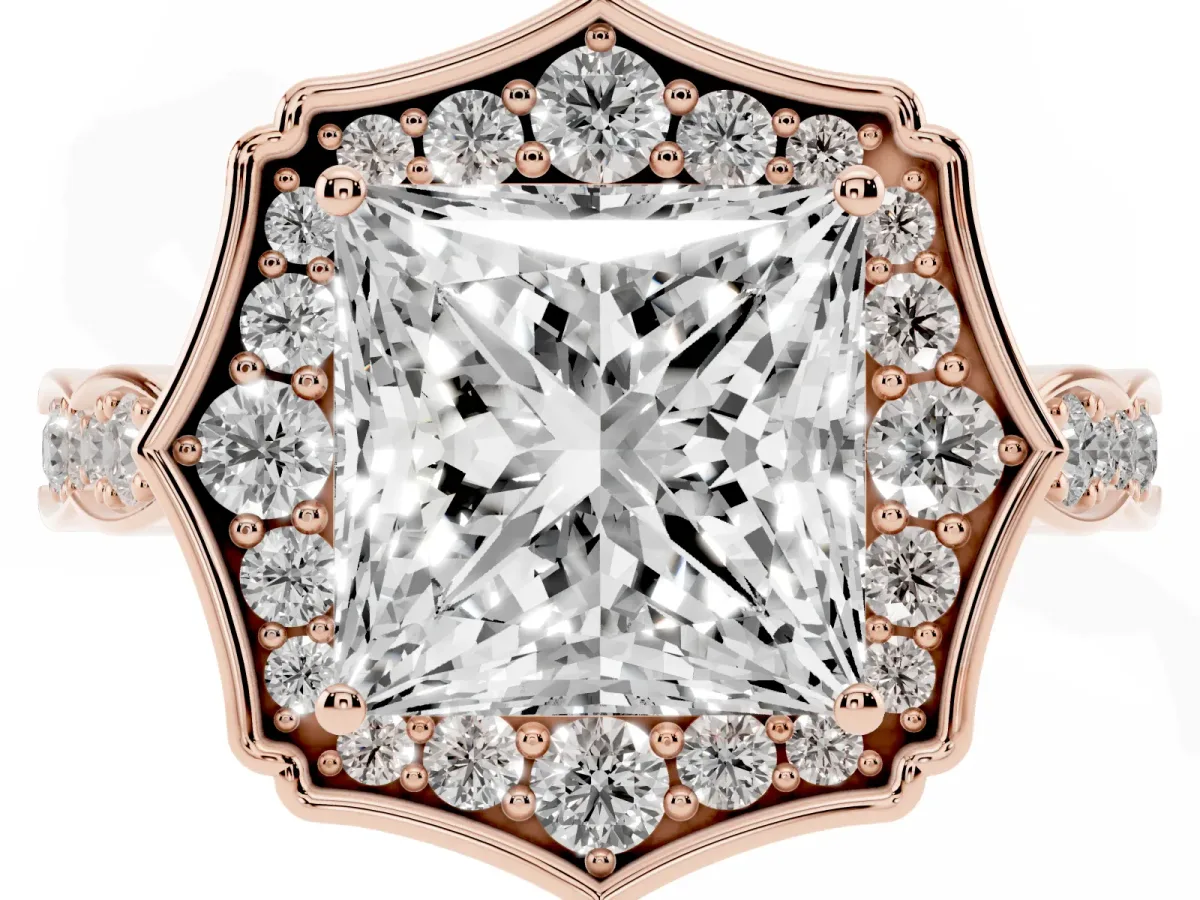 Princess Cut Halo Diamond Engagement Ring with Milgrain Band and Four-Prong Setting Rose gold