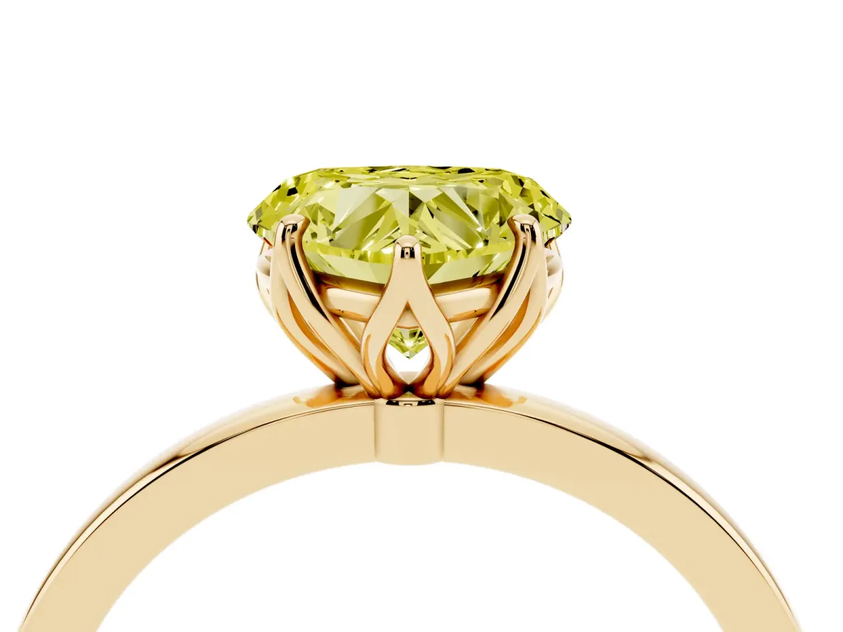 Fancy Yellow Heart Cut Diamond Solitaire Ring with Thin Band and Prong Setting Yellow gold