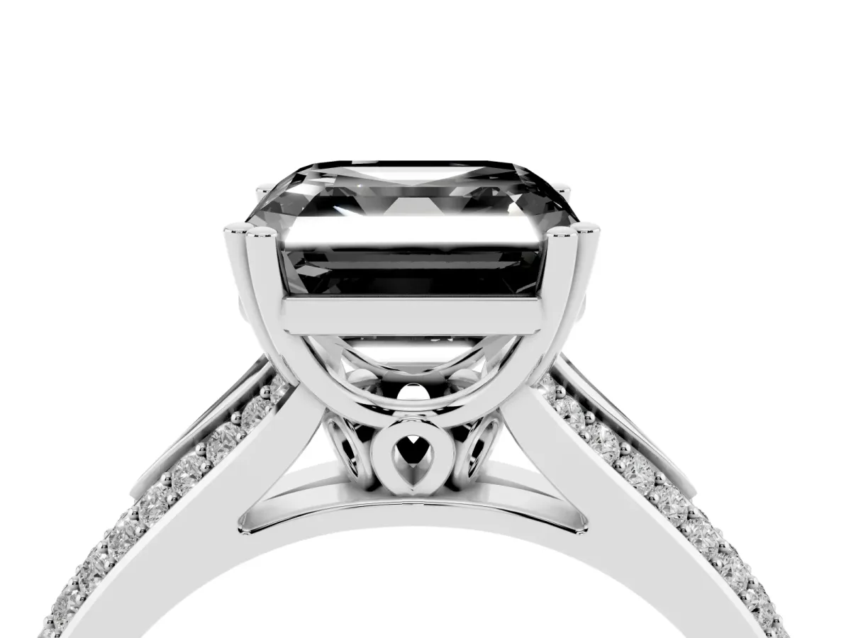 Fancy Black Asscher Cut Diamond Split Shank Engagement Ring with Pavé Band Silver