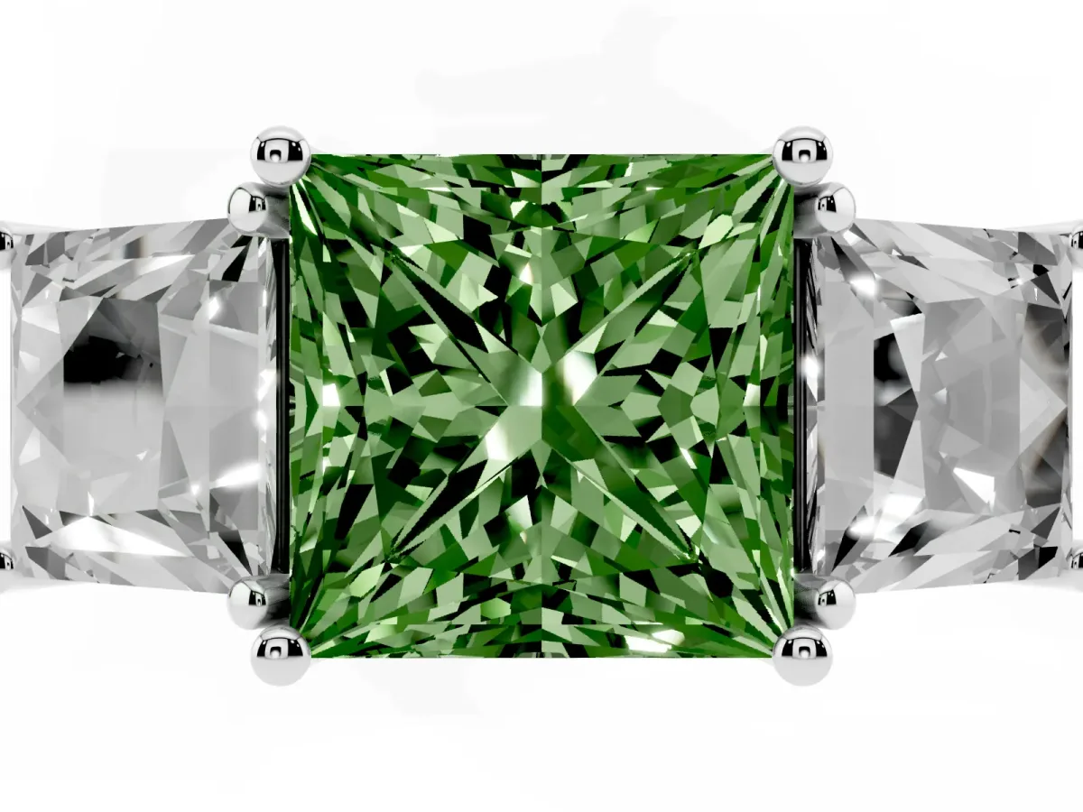Fancy Green Three-Stone Princess Cut Diamond Pavé Band with Prong Setting Silver