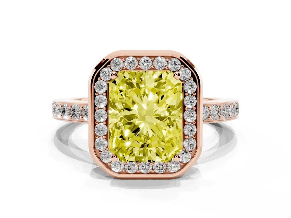 Fancy Yellow Radiant Cut Diamond Halo Ring with Bezel Frame and Pavé Band Rose gold