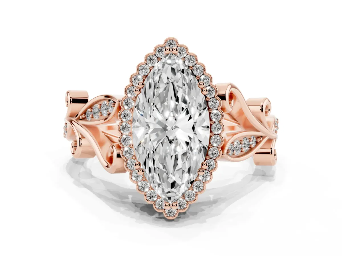 Marquise Cut Diamond Halo Ring with Vintage Split Shank and Four-Prong Setting Rose gold