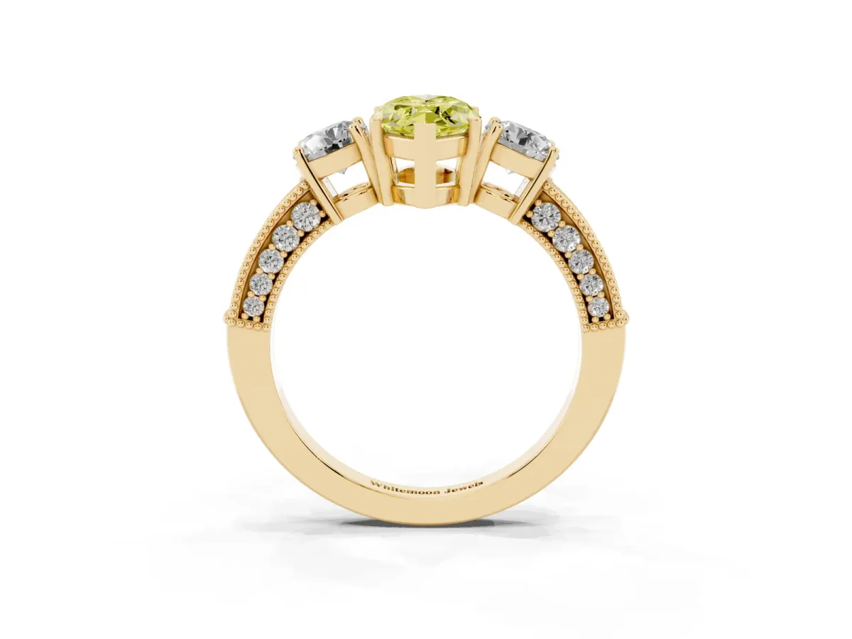 Fancy Yellow Marquise Cut Three-Stone Diamond Ring with Pavé Band and Four-Prong Setting Yellow gold