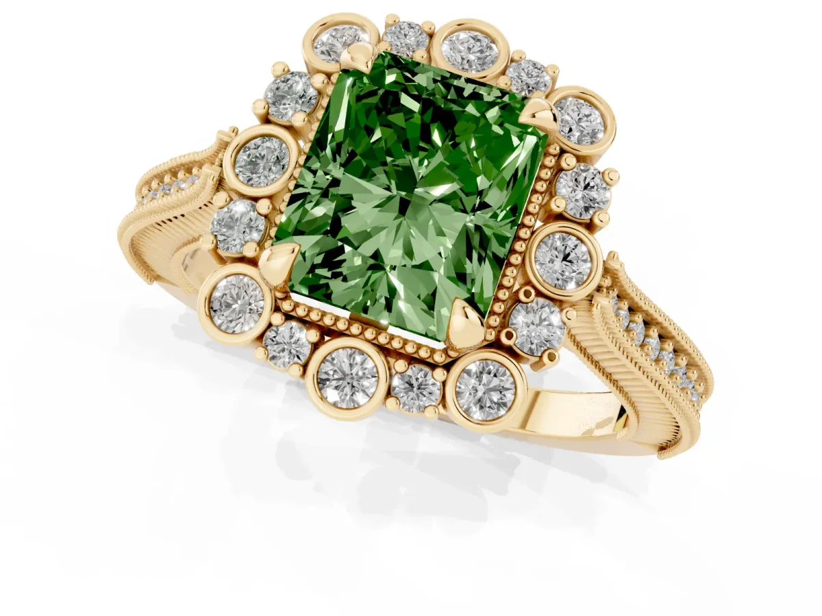Fancy Green Radiant Cut Halo Milgrain Pave Diamond Ring with Four-Prong Setting Yellow gold