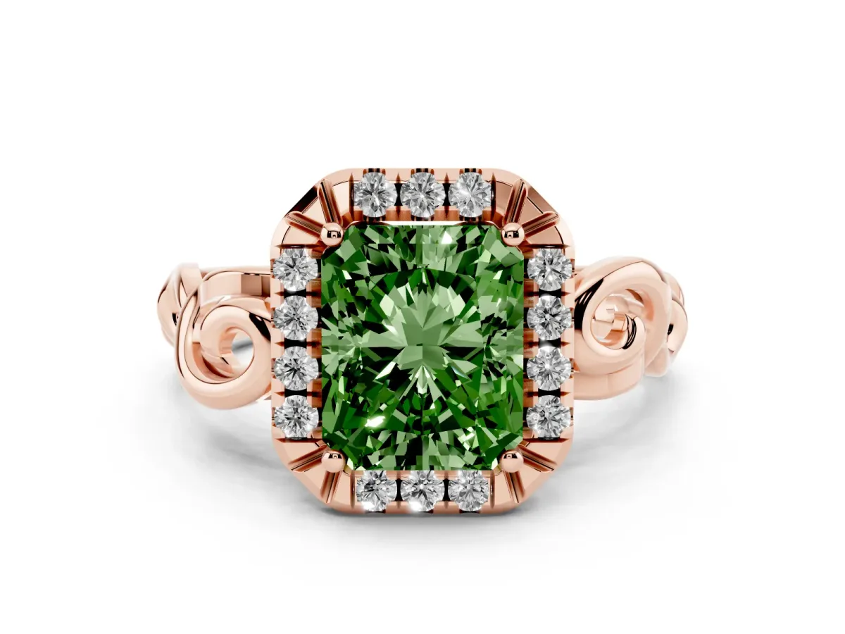 Fancy Green Radiant Cut Cut Halo Diamond Ring with Scrollwork Band and Four-Prong Setting Rose gold