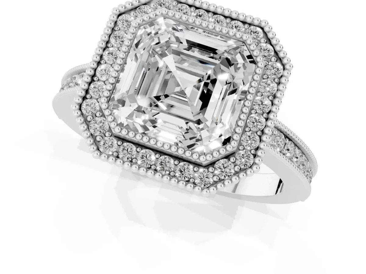 Asscher Cut Cut Halo Diamond Ring with Pavé Band and Milgrain Prong Setting Silver
