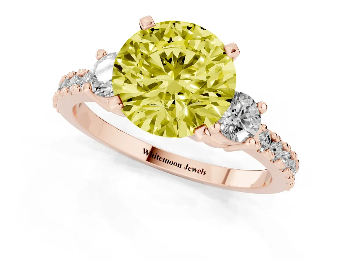 Fancy Yellow Round Cut Three-Stone Diamond Pavé Band with Prong Setting Rose gold