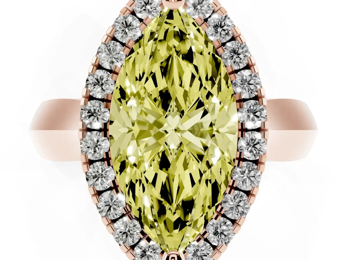 Fancy Yellow Marquise Cut Cut Halo Solitaire Engagement Ring with Square Band and Four-Prong Setting Rose gold