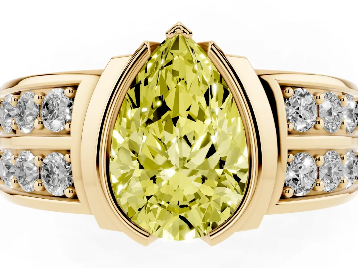 Fancy Yellow Pear Cut Brilliant Diamond Channel Set Wide Band Ring with Bezel Setting Yellow gold