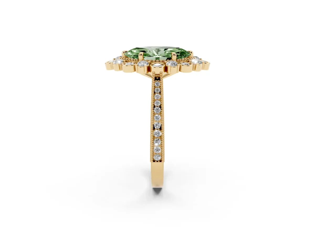 Fancy Green Marquise Cut Halo Milgrain Pave Diamond Ring with Four-Prong Setting Yellow gold