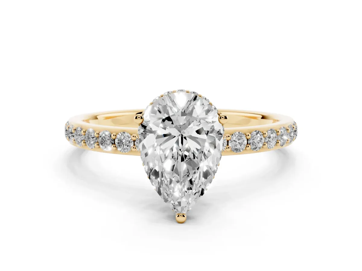 Pear Cut Diamond Solitaire Ring with Pavé Band and Hidden Halo Yellow gold