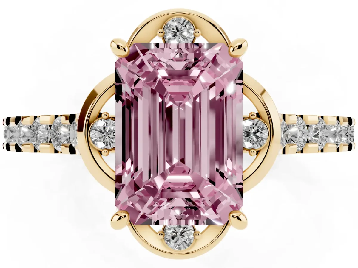 Fancy Pink Emerald Cut Diamond Ring with Pavé Band and Floral Prong Setting Yellow gold