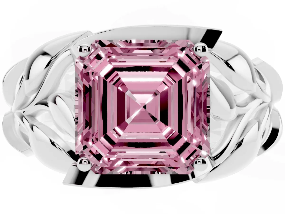 Fancy Pink Asscher Cut Diamond Leaf-Inspired Engagement Ring with Round Accents and Prong Setting Platinum