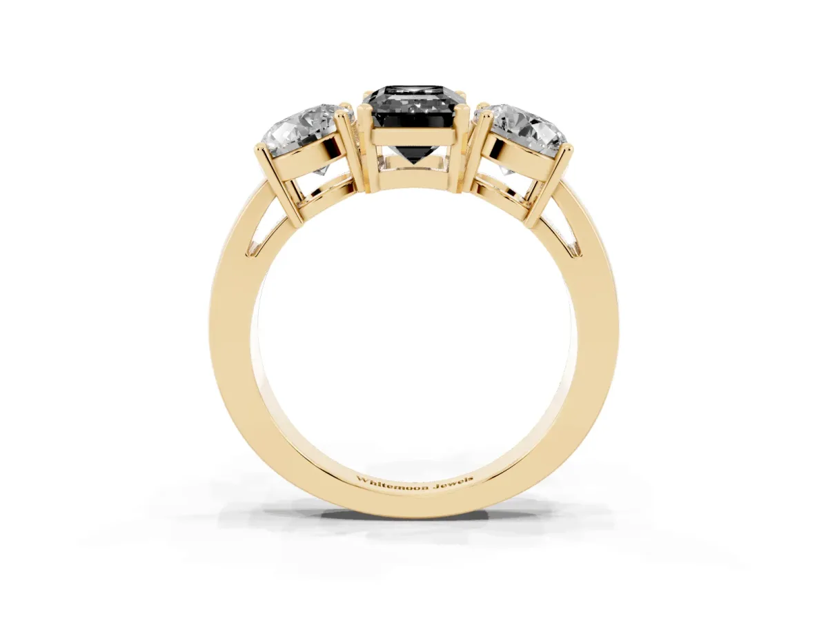Fancy Black Three-Stone Emerald Cut Diamond Ring with Round Side Stones, Classic Band, and Four-Prong Setting Yellow gold