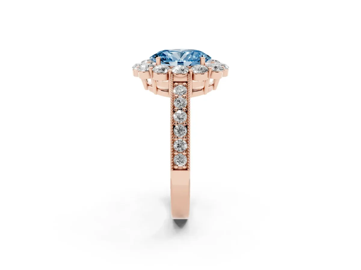 Fancy Blue Oval Cut Cut Halo Diamond Pavé Engagement Ring with Milgrain Detailing Rose gold