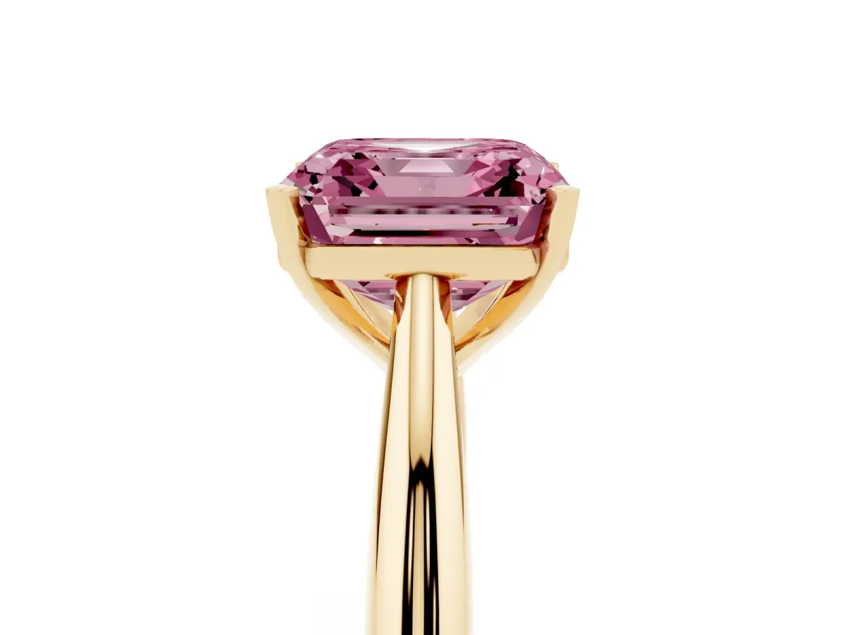 Fancy Pink Asscher Cut Diamond Solitaire Engagement Ring with Cathedral Setting and Four-Prong Mount Yellow gold