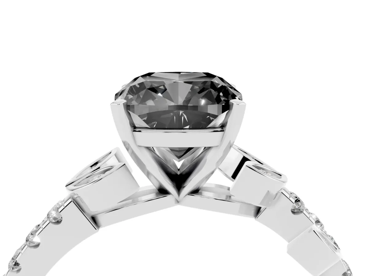 Fancy Black Cushion Cut Solitaire Leaf-Inspired Diamond Ring with Pavé Band and Four-Prong Setting Silver