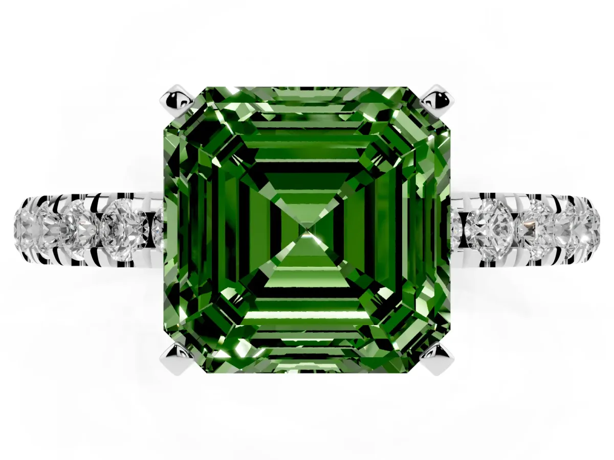 Fancy Green Asscher Cut Diamond Solitaire Ring with Pavé Accents and Four-Prong Setting Platinum