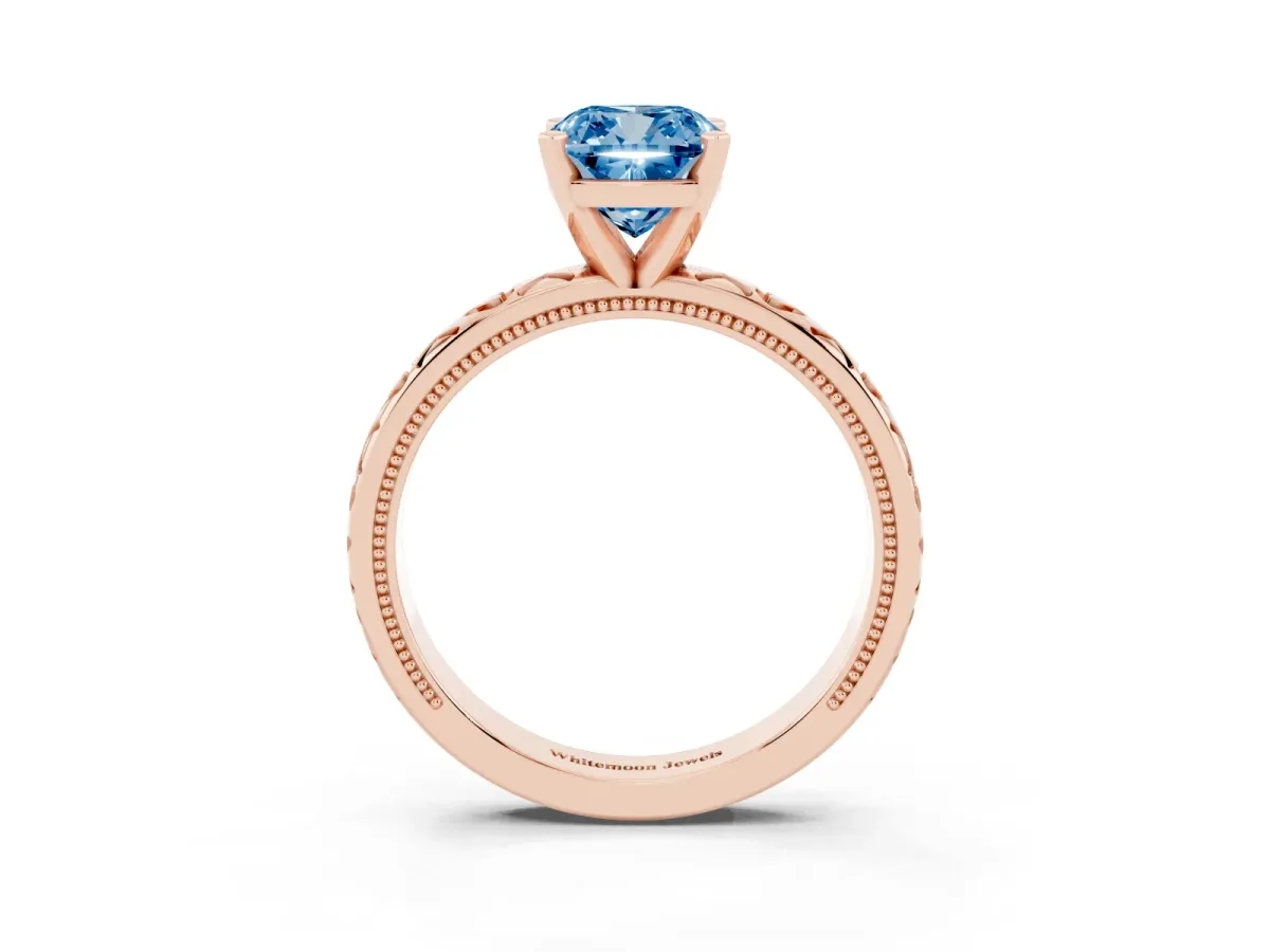 Fancy Blue Cushion Cut Solitaire Diamond Engagement Ring with XO Engraved Band and Four-Prong Setting Rose gold