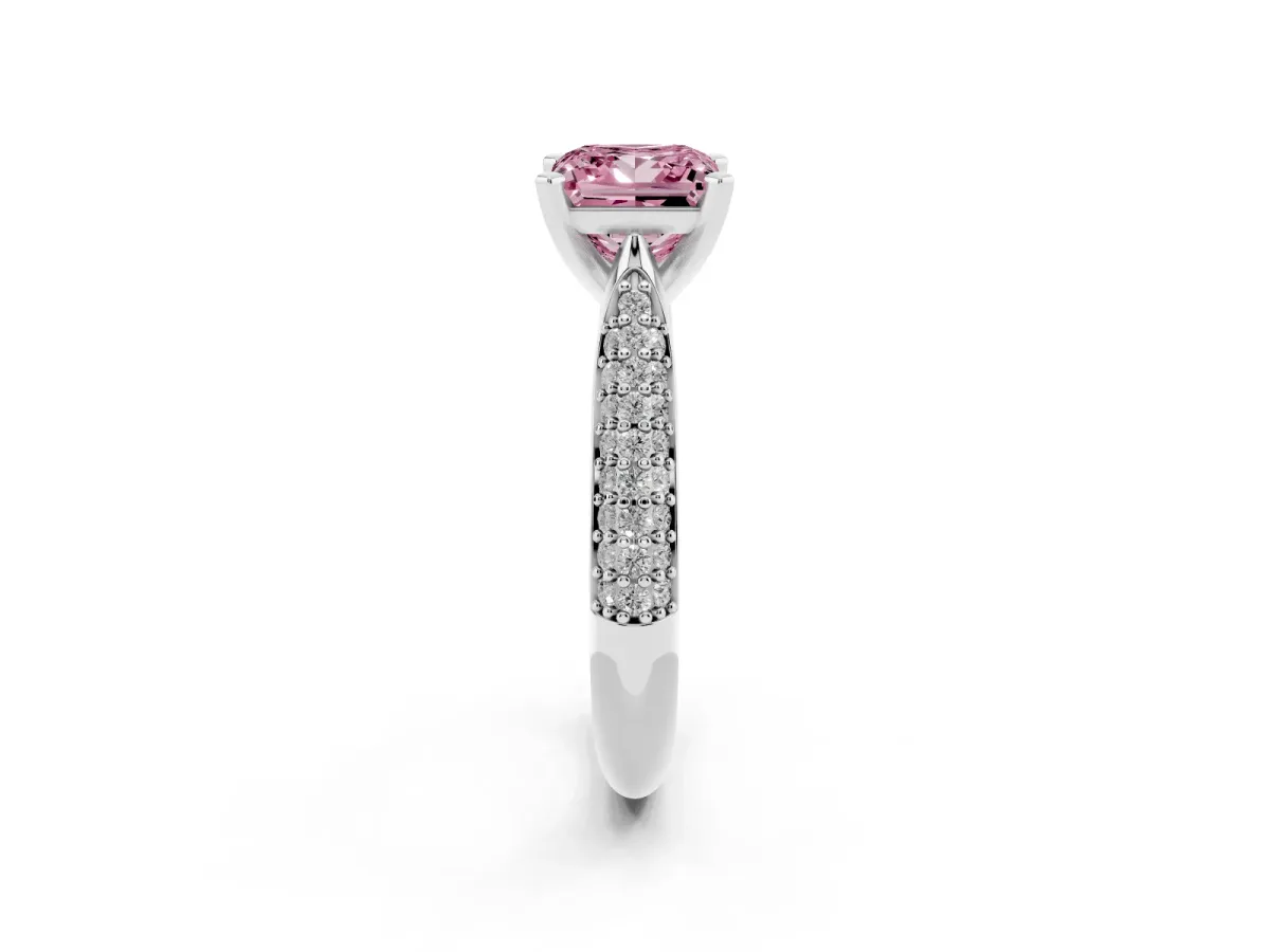 Fancy Pink Princess Cut Diamond Solitaire Engagement Ring with Multi-Row Round Pavé Band and Prong Setting Silver