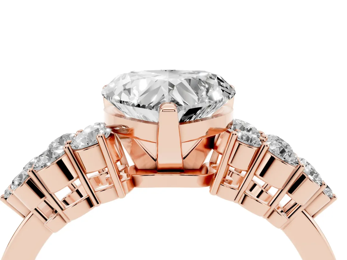 Heart Cut Cluster Diamond Engagement Ring with Pavé Band and Four-Prong Setting Rose gold