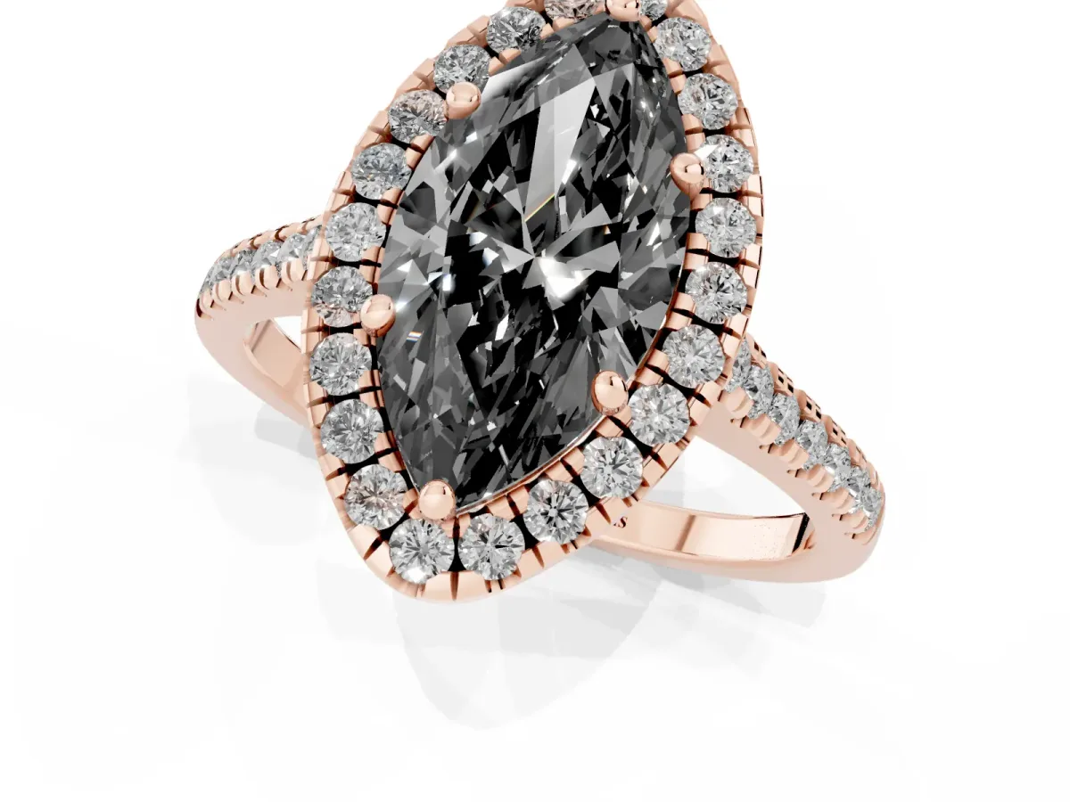 Fancy Black Marquise Cut Diamond Cushion Halo Ring with Pavé Band Rose gold
