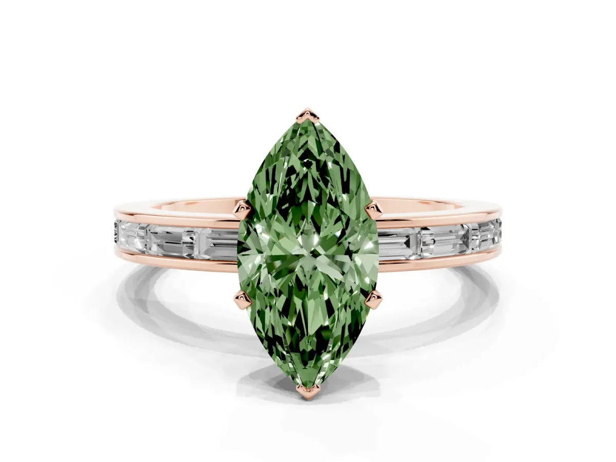 Fancy Green Marquise Cut Solitaire Diamond Ring with Channel-Set Baguette Band and Four-Prong Setting Rose gold