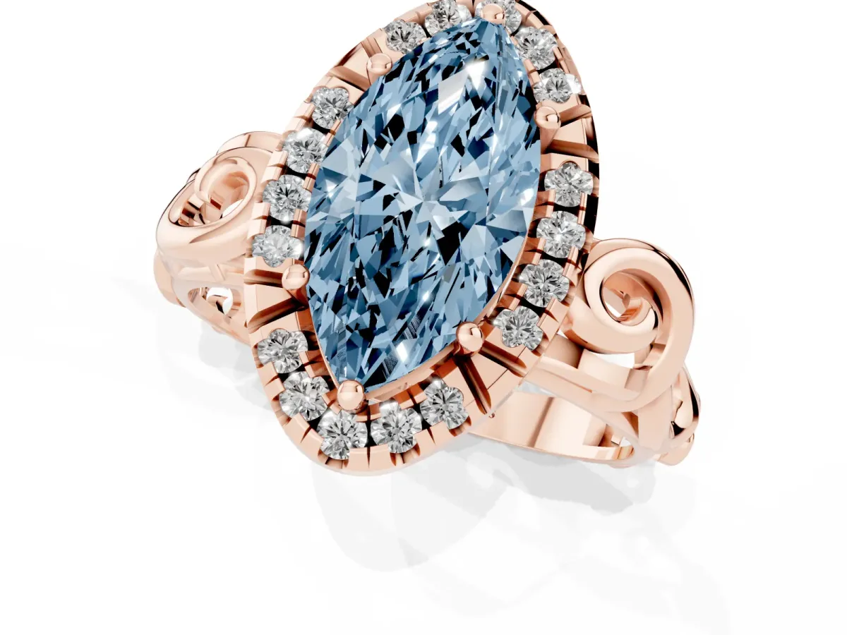 Fancy Blue Marquise Cut Cut Halo Diamond Ring with Scrollwork Band and Four-Prong Setting Rose gold