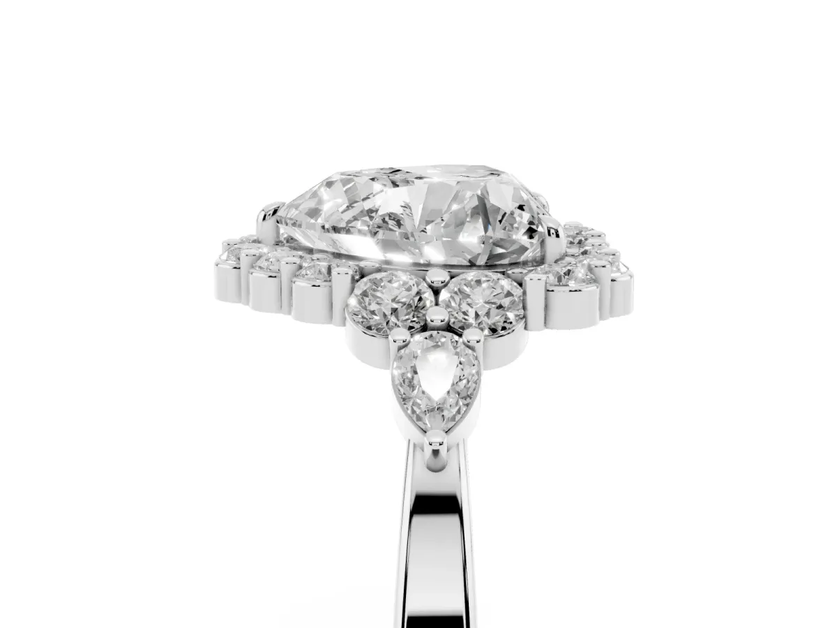 Heart Cut Diamond Halo Ring with Pear Side Stones and Prong Setting Silver
