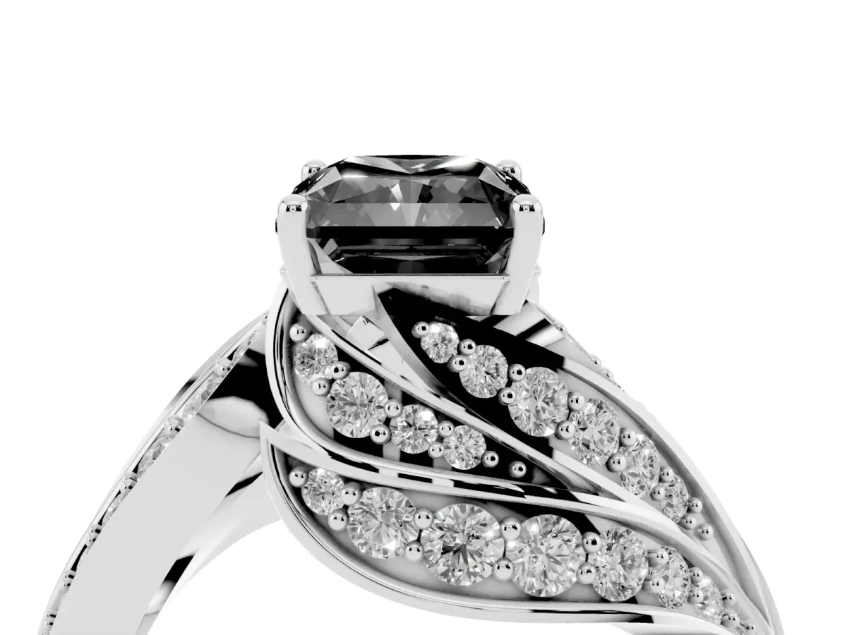 Fancy Black Radiant Cut Diamond Solitaire Ring with Prong Setting and Twisted Pavé Band Silver
