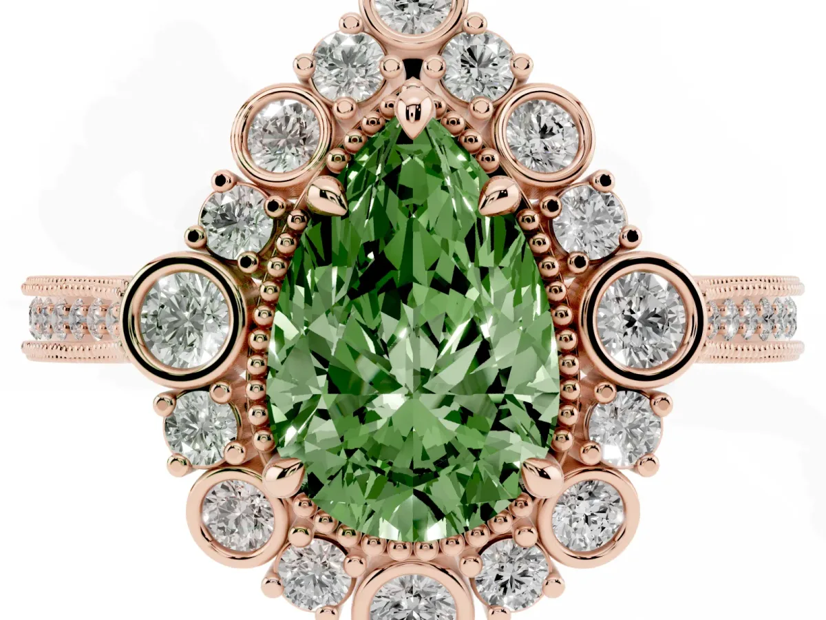 Fancy Green Pear Cut Halo Milgrain Pave Diamond Ring with Four-Prong Setting Rose gold