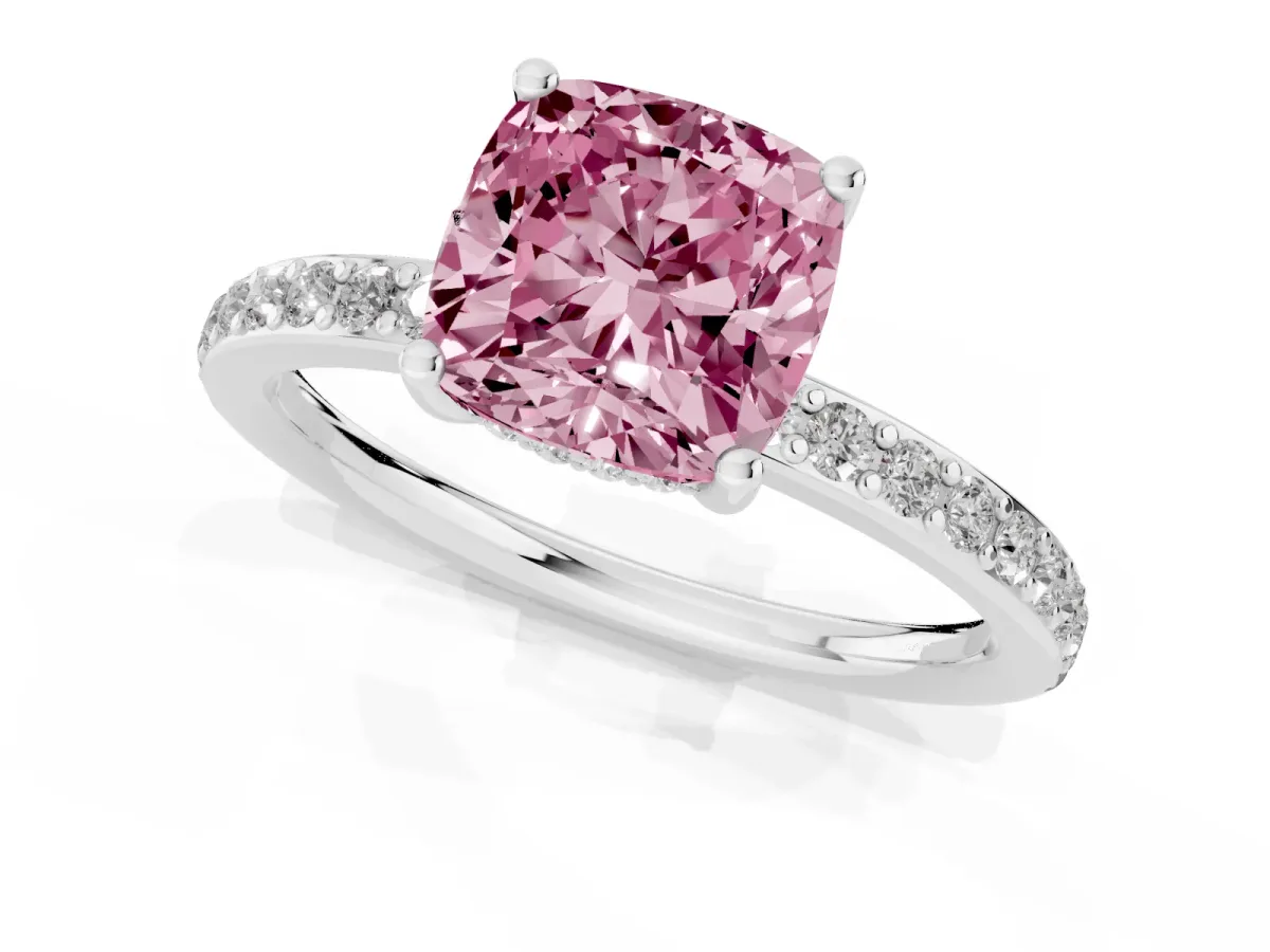 Fancy Pink Cushion Cut Cut Diamond Pavé Band Ring with Four-Prong Setting Silver