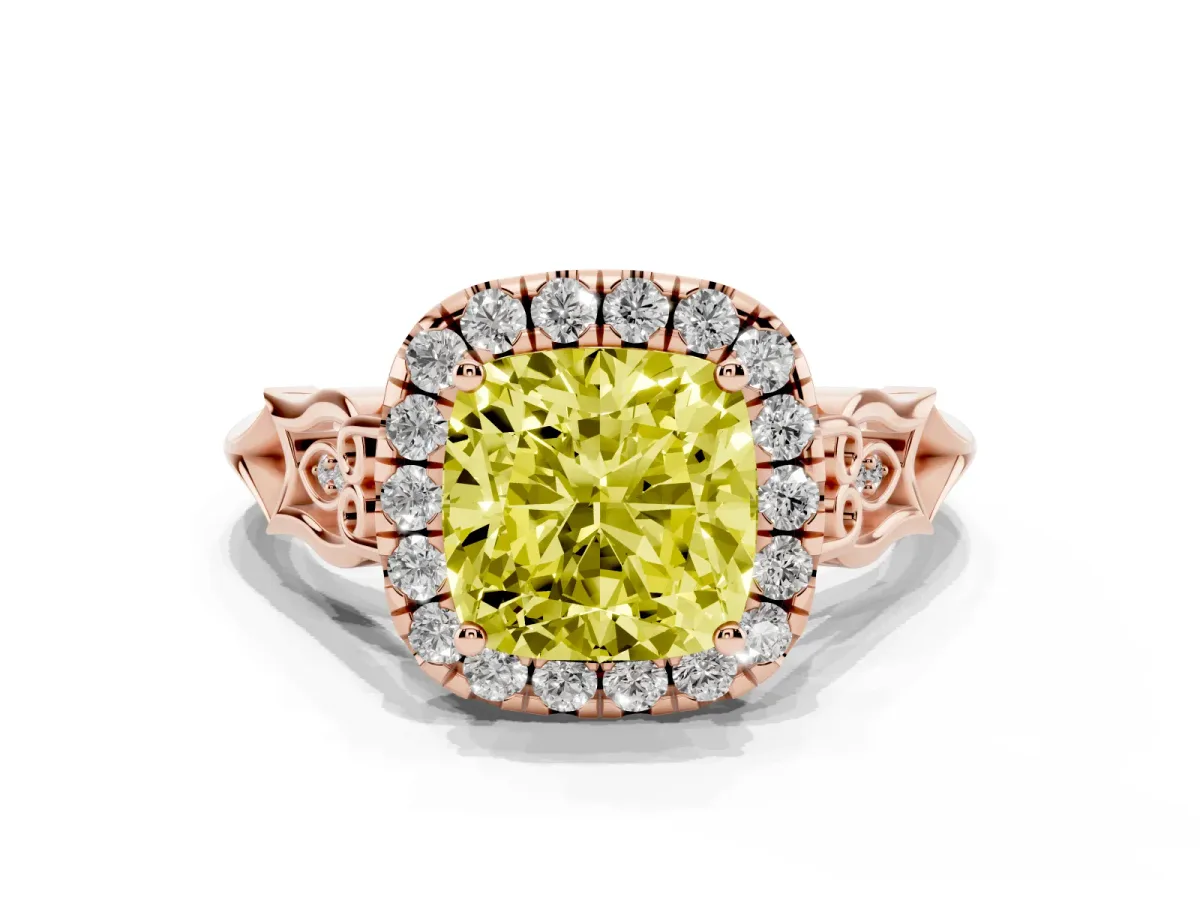 Fancy Yellow Cushion Cut Halo Diamond Engagement Ring with Filigree Band and Four-Prong Setting Rose gold