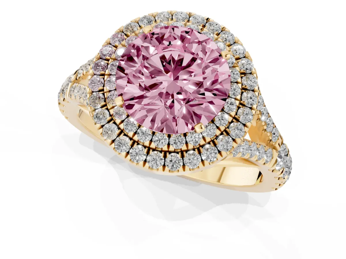 Fancy Pink Double Halo Round Cut Diamond Split Shank Engagement Ring with Four-Prong Setting Yellow gold