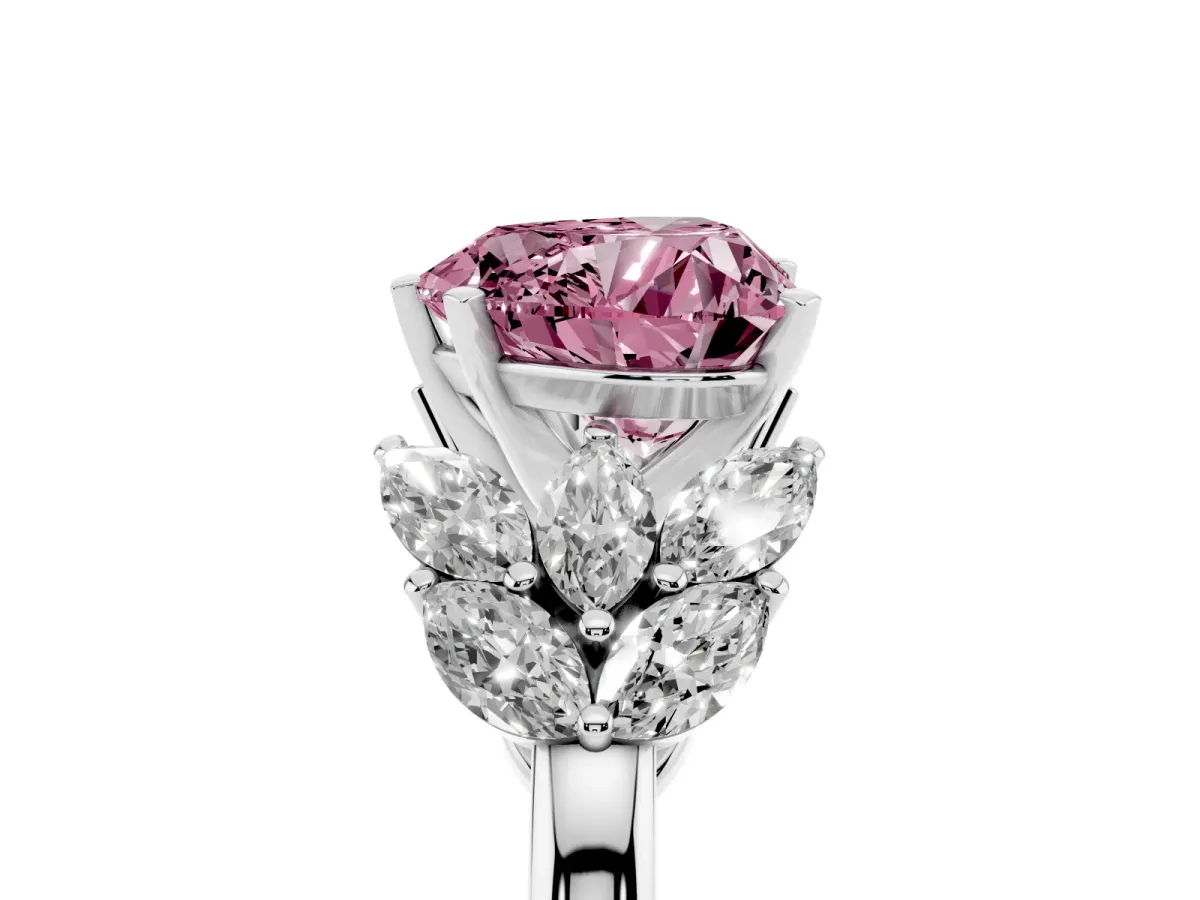 Fancy Pink Heart Cut Diamond Cluster Leaf Design Ring with Prong Setting Silver