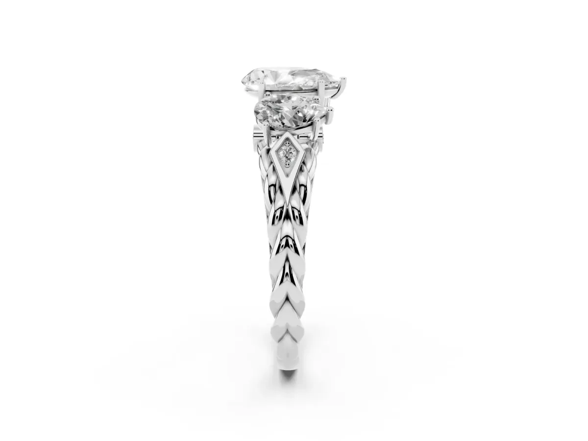Three-Stone Pear Cut Diamond Braided Band Ring with Four-Prong Setting Silver