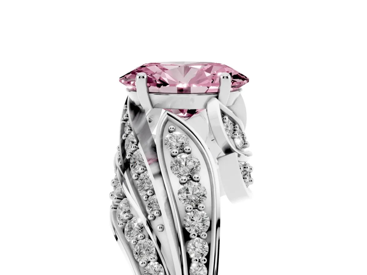 Fancy Pink Oval Cut Diamond Solitaire Ring with Prong Setting and Twisted Pavé Band Silver