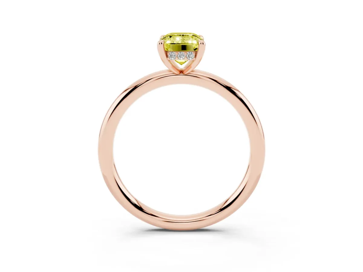 Fancy Yellow Emerald Cut Diamond Solitaire Ring with Thin Band and Four-Prong Setting Rose gold