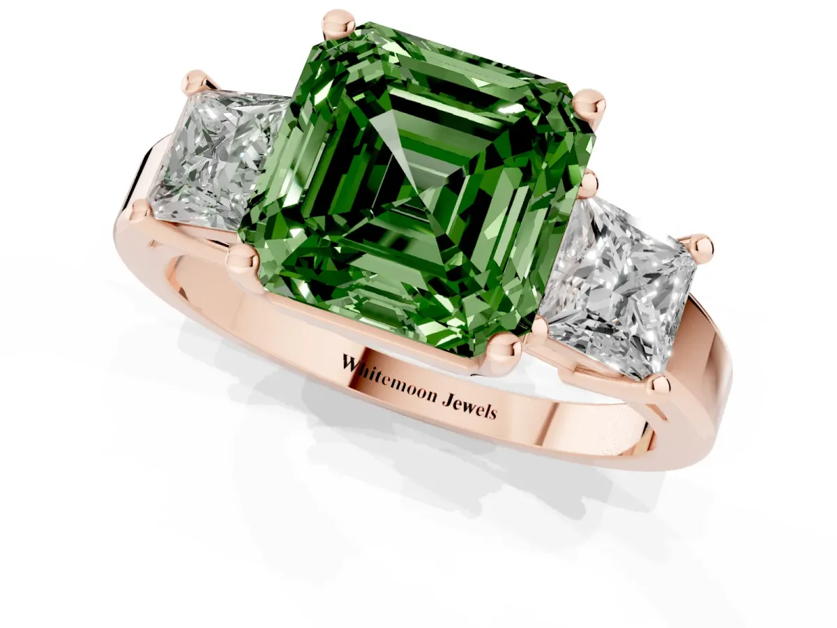 Fancy Green Three-Stone Asscher Cut Cut Solitaire Ring with Prong Setting Rose gold