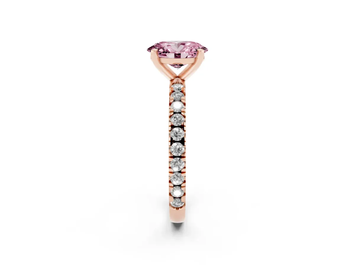 Fancy Pink Oval Cut Diamond Pavé Band Solitaire with Four-Prong Setting Rose gold