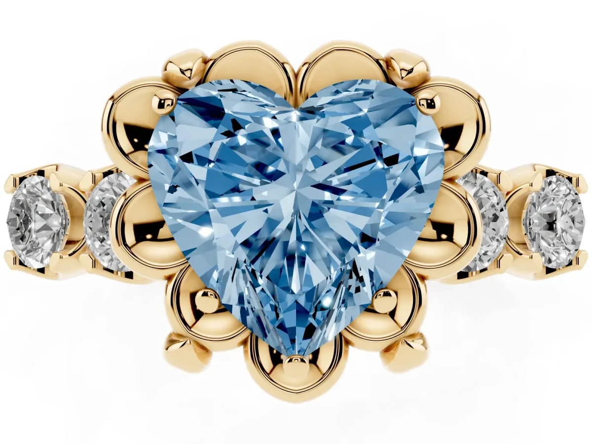 Fancy Blue Heart Cut Cut Diamond Floral Halo Engagement Ring with Shared Prong Setting Yellow gold
