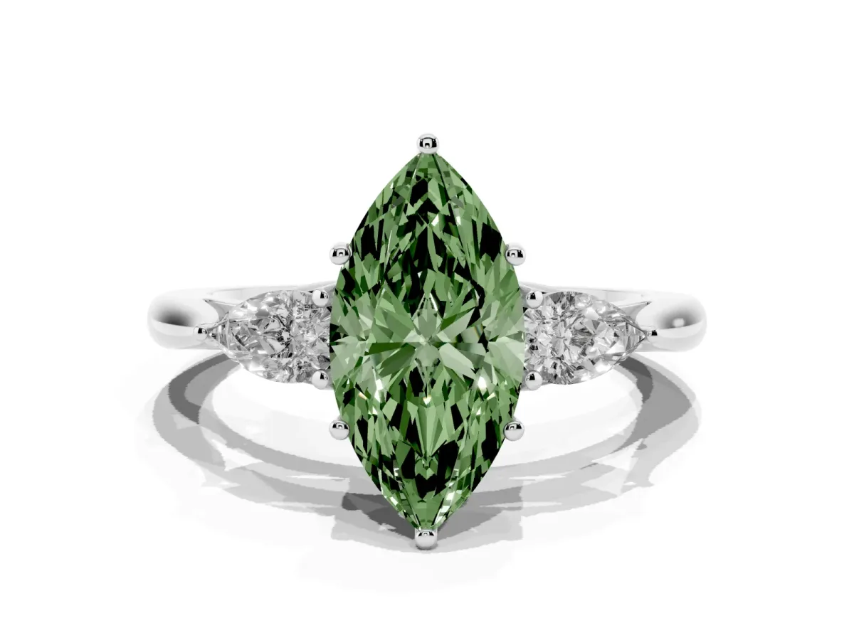 Fancy Green Three-Stone Marquise Cut Brilliant Diamond Solitaire Ring with Tapered Band and Four-Prong Setting Silver