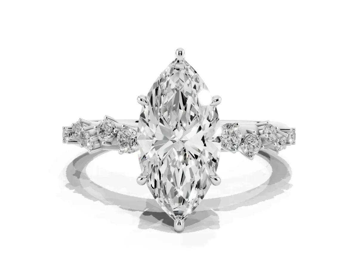 Marquise Cut Diamond Cluster Side Stone Solitaire Ring with Prong Setting Silver
