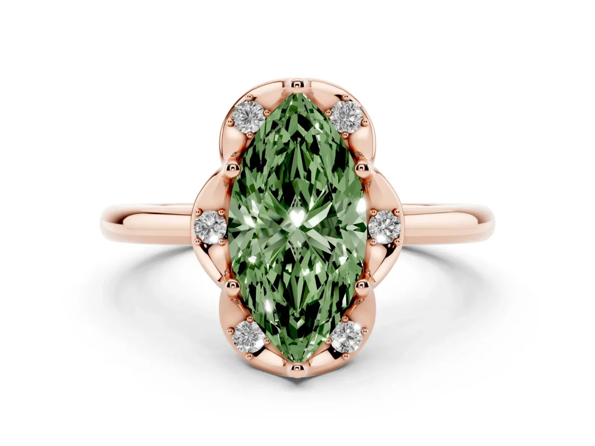 Fancy Green Marquise Cut Halo Diamond Ring with Round Cluster Setting, Solitaire Band, and Four-Prong Setting Rose gold