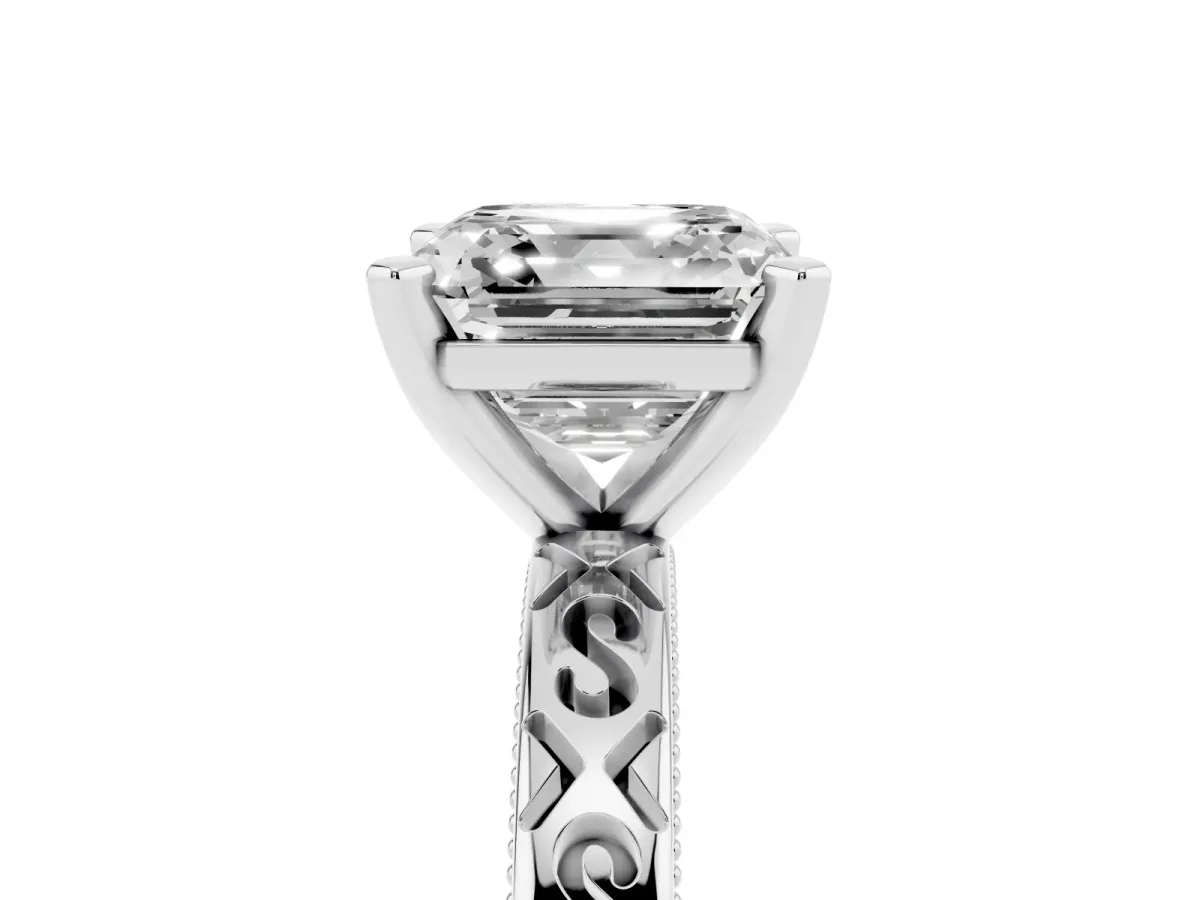 Asscher Cut Solitaire Engagement Ring with Scrollwork Band and Four-Prong Setting Silver