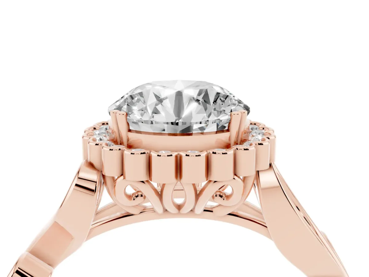 Round Cut Diamond Halo Ring with Vintage Split Shank and Four-Prong Setting Rose gold