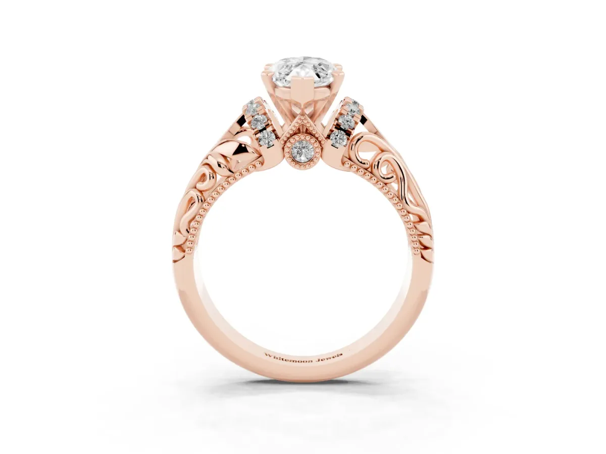 Marquise Cut Solitaire Filigree Engagement Ring with Halo and Prong Setting Rose gold