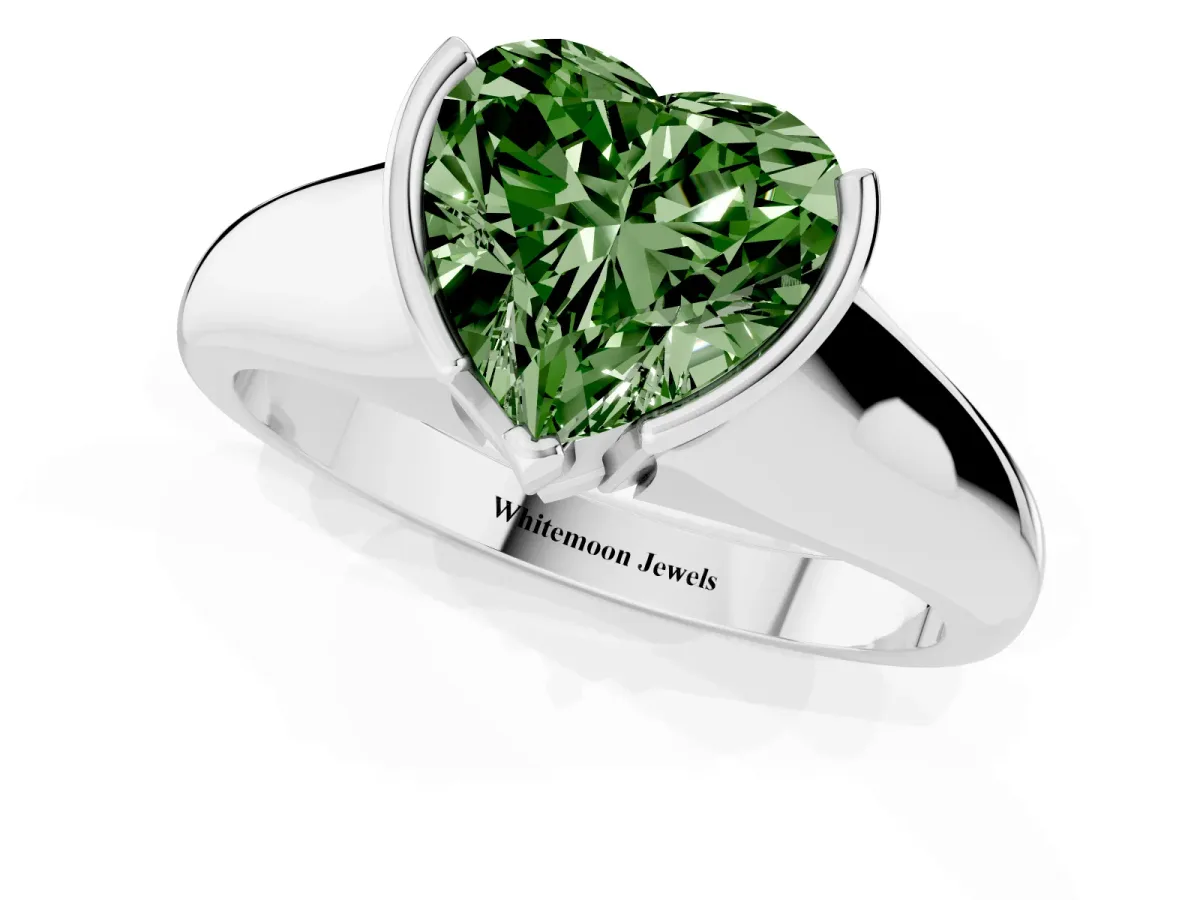 Fancy Green Heart Cut Solitaire Tension Set Diamond Ring with Split Shank Band Silver